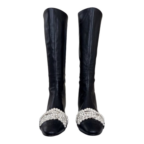 Chanel Cap Toe High Leather Boots with Pearls - Picture 5 of 13